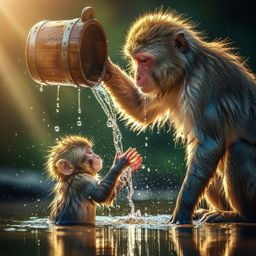 Japanese Macaques Enjoying Golden Hour Cascade