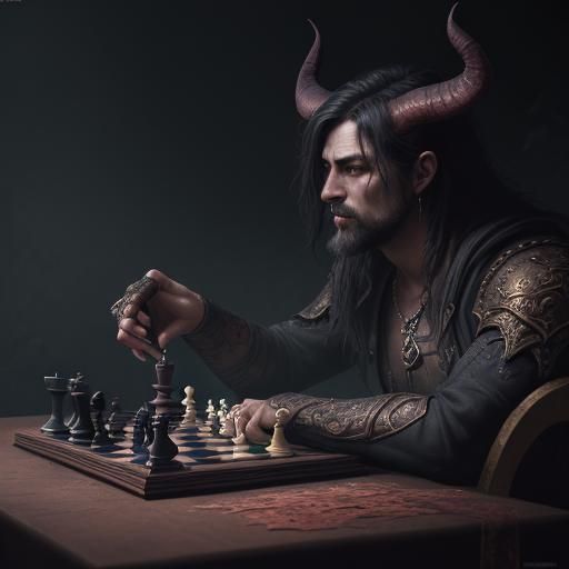 God vs Devil Chess Match in Park, Hyperrealistic