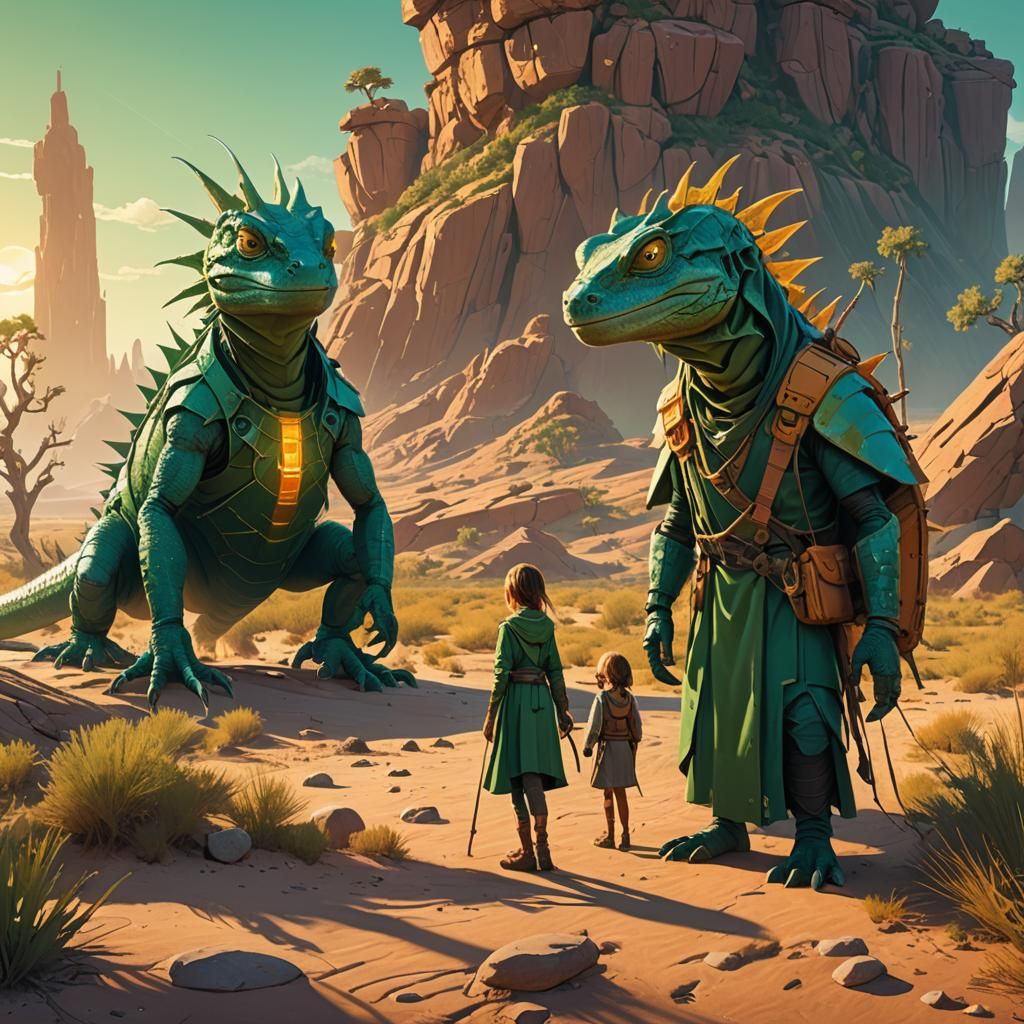 Mystical Lizard Folk Siblings in Desert Oasis
