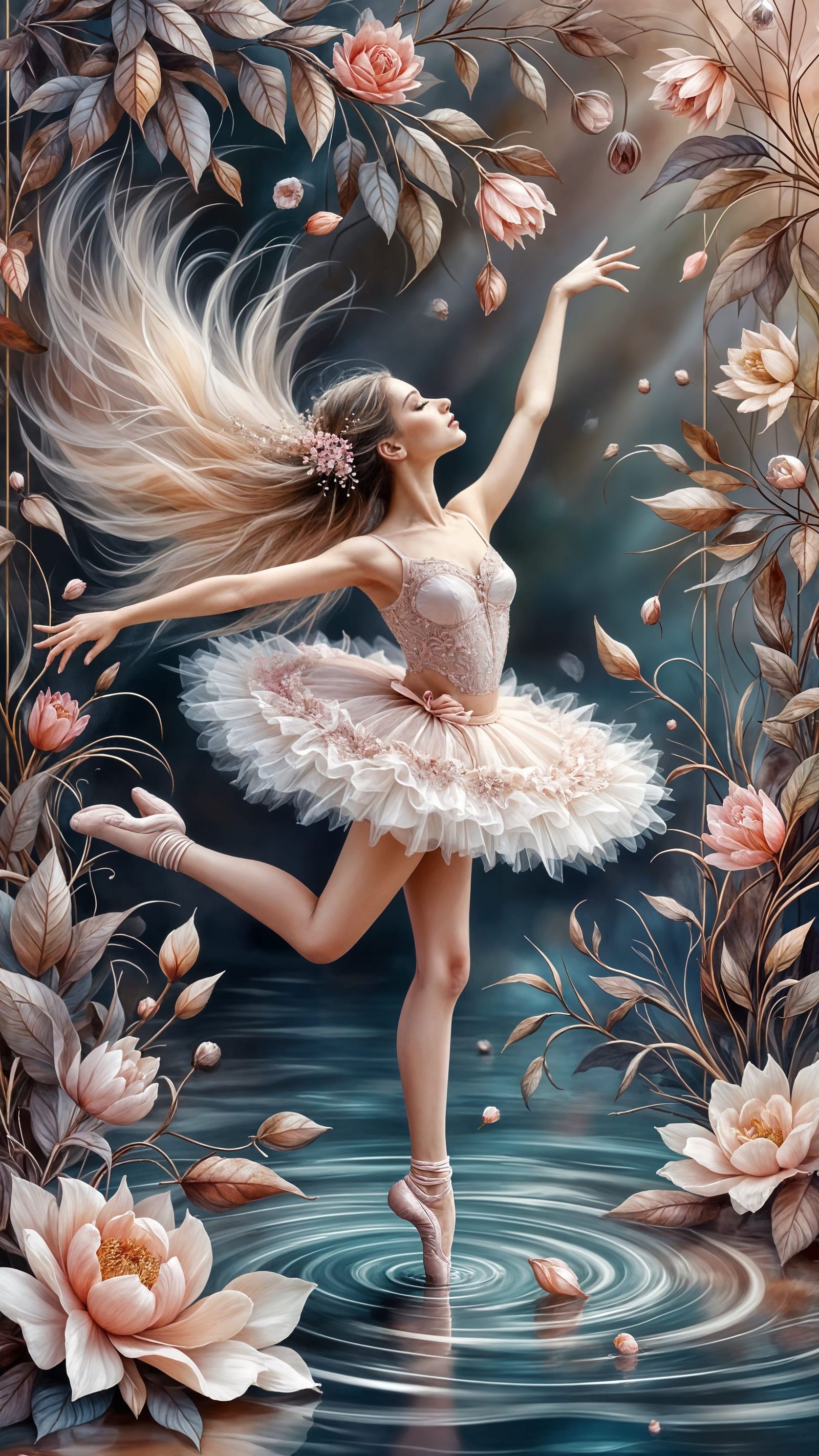 Ballerina Dancing on Water Amidst Flowers