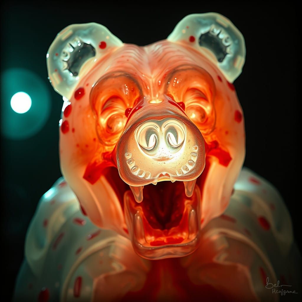 Grotesque Futuristic Gummy Bear in a Dystopian Autopsy Scene