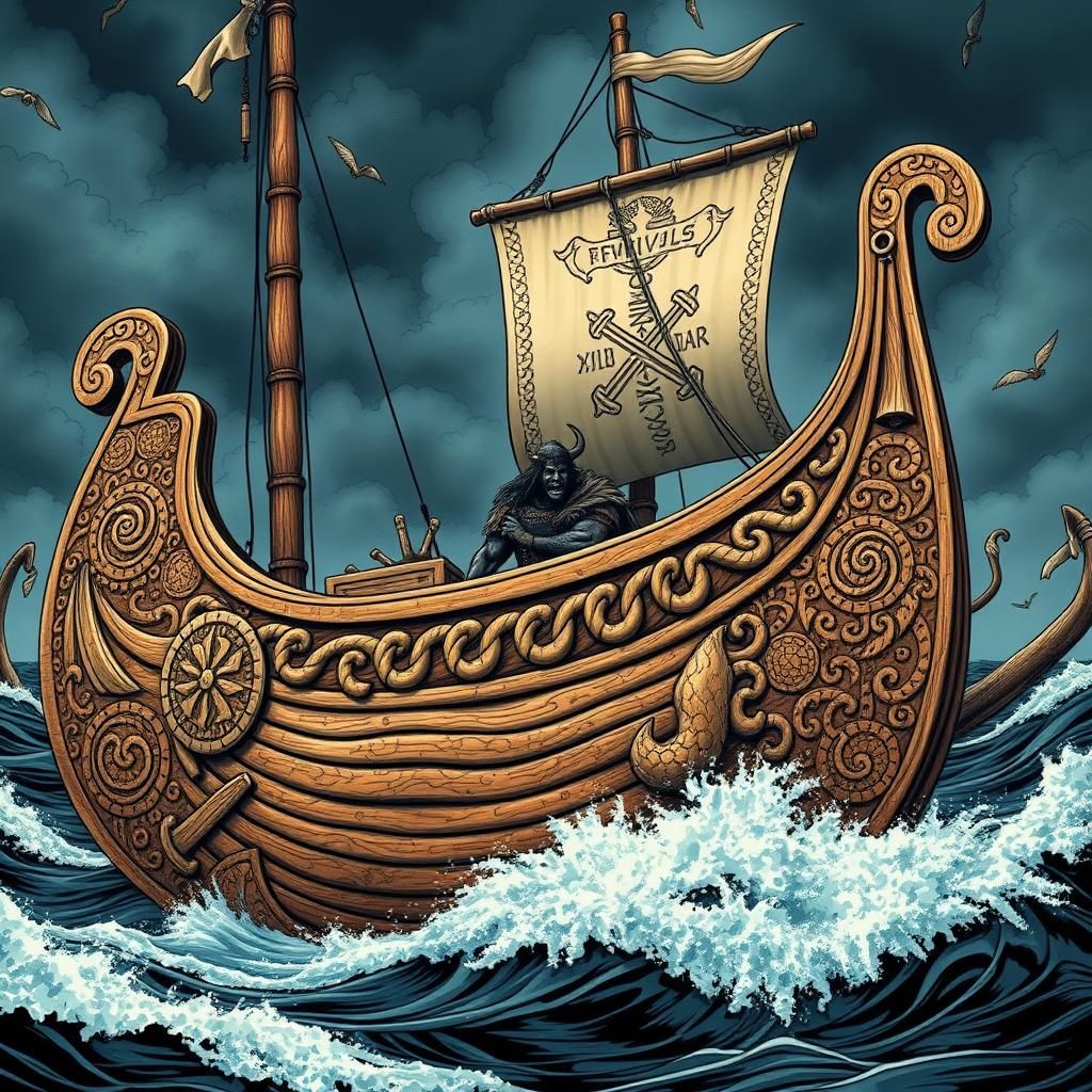 Viking Ship Amidst Storm, Comic Book Art