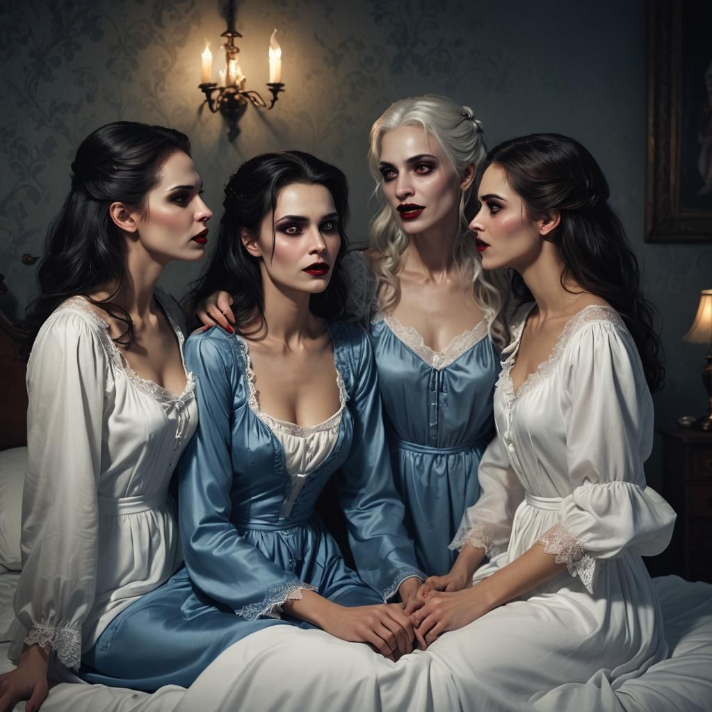 Vampires Surround a Young Woman in Bedroom