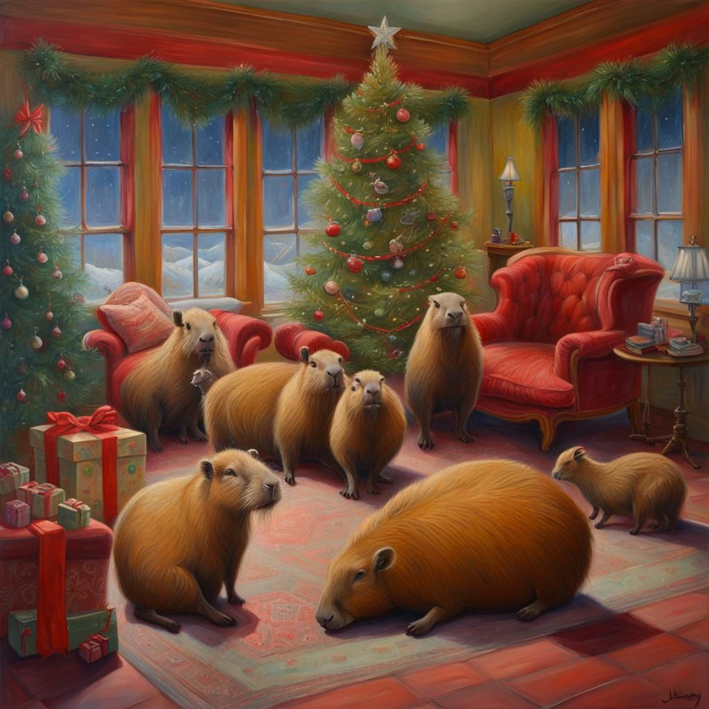 Christmas House with Capybara as Oil Painting