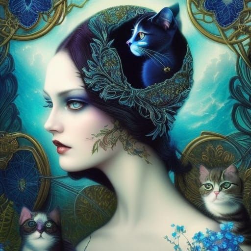 Dreamy Garden Scene: Woman and Cat with Reflective Eyes