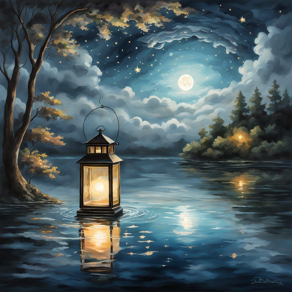 Glowing Lantern on Still Lake Under Starry Sky