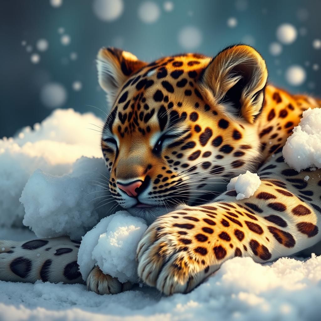Adorable Baby Leopard Sleeping in Snow: Hyperrealistic Art