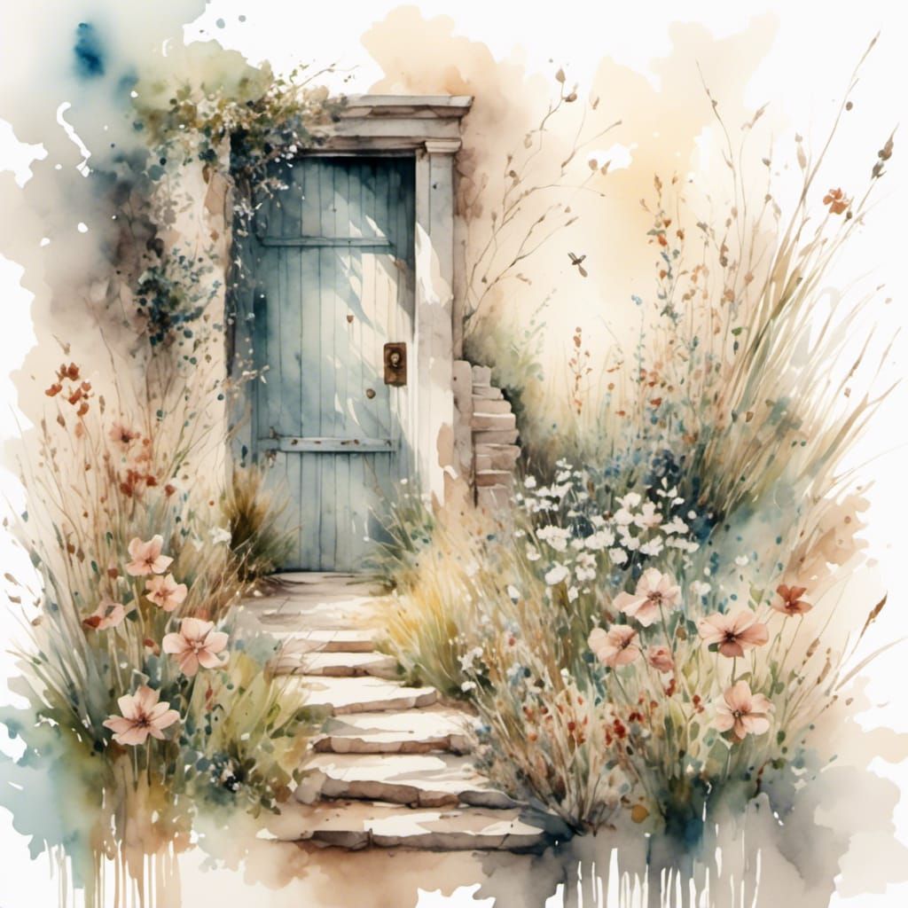 Secret Garden Door in Antique Watercolor Style