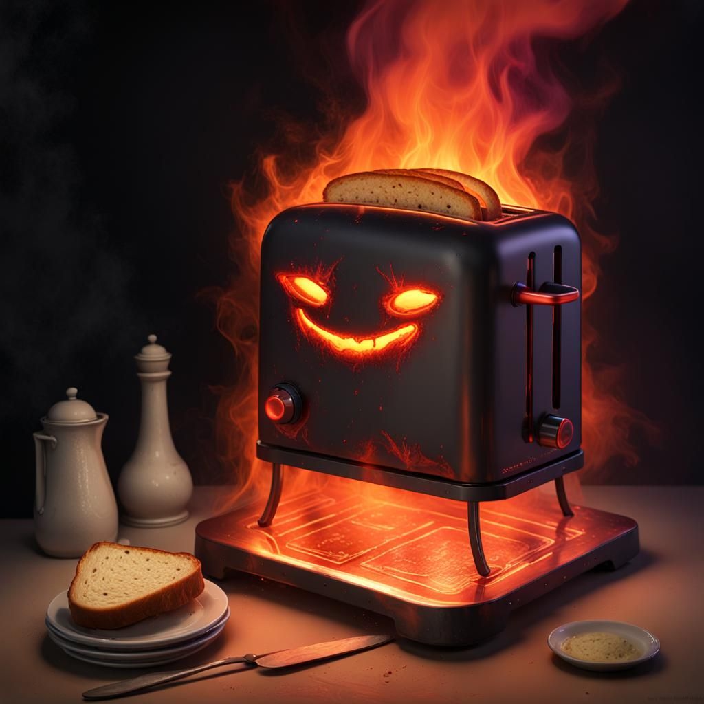 Fiery Evil Toaster in Dark Fantasy Style