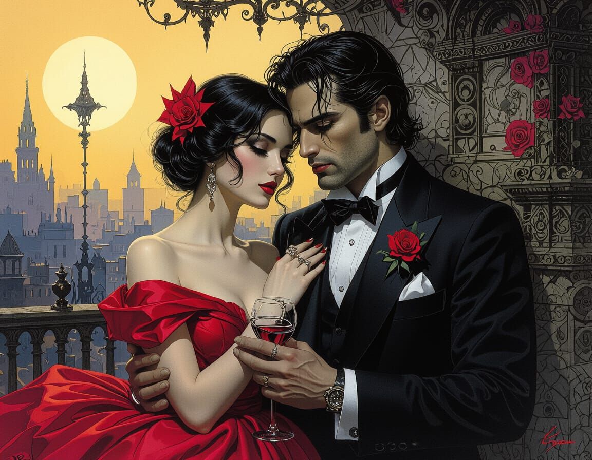 Playful Pillow Fight in Surreal Noir Style