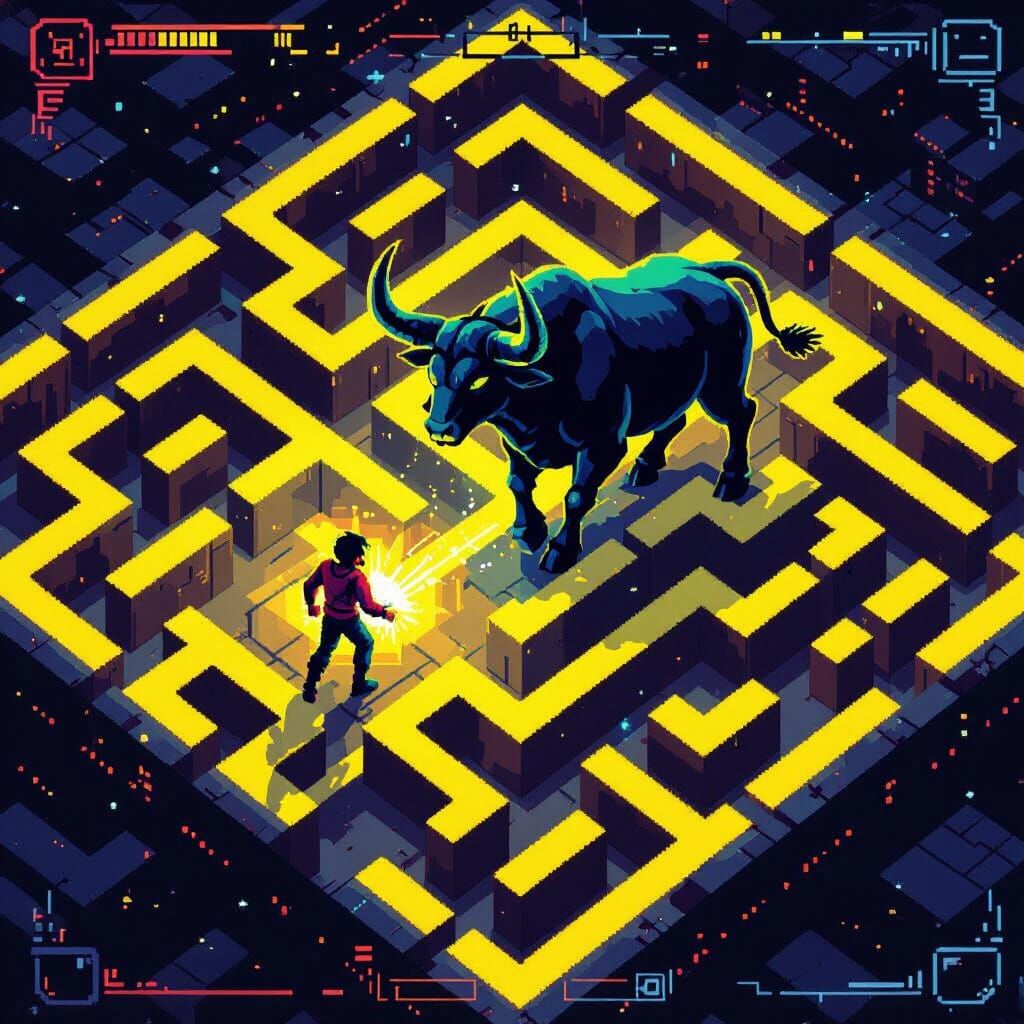 Pixelated Minotaur Maze in Retro-Futuristic Style