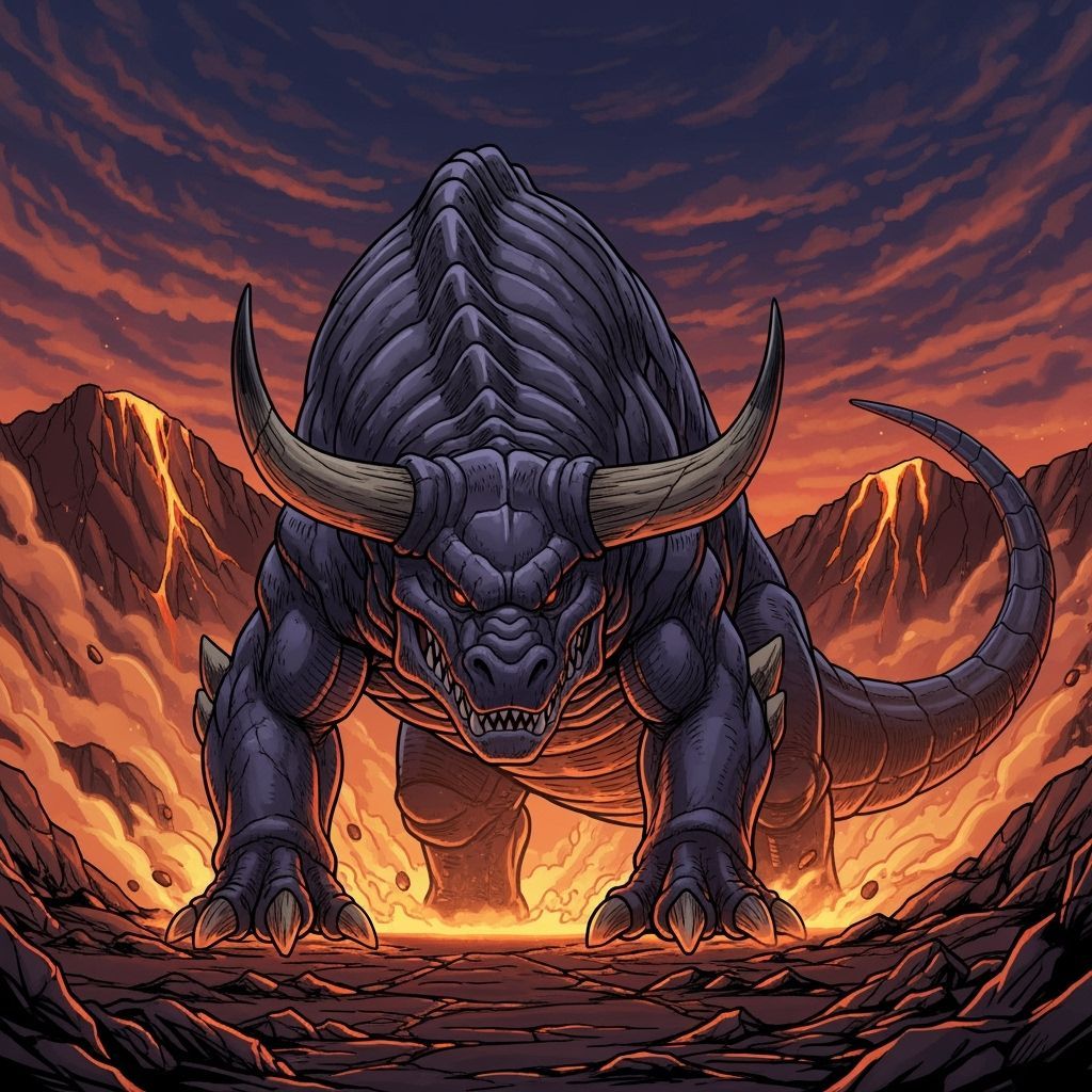 Massive Boardon Creature in Volcanic Landscape