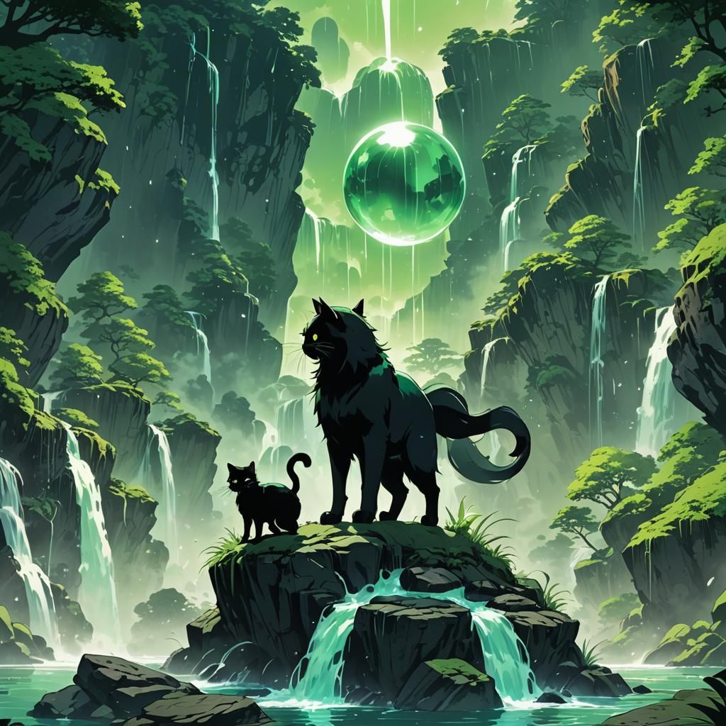 Samurai, Black Cat, and Waterfall in Anime Style