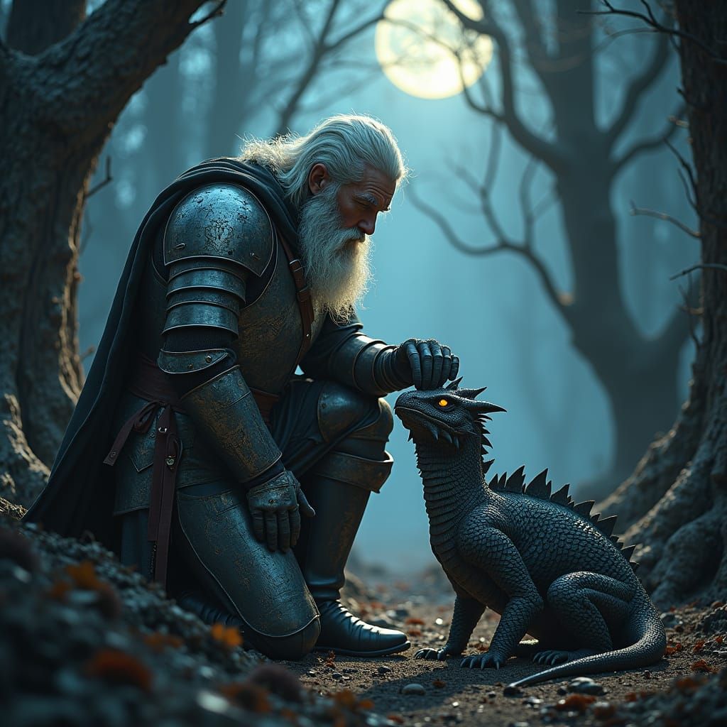 Knight and Dragon in Mystical Forest, in Brom Style