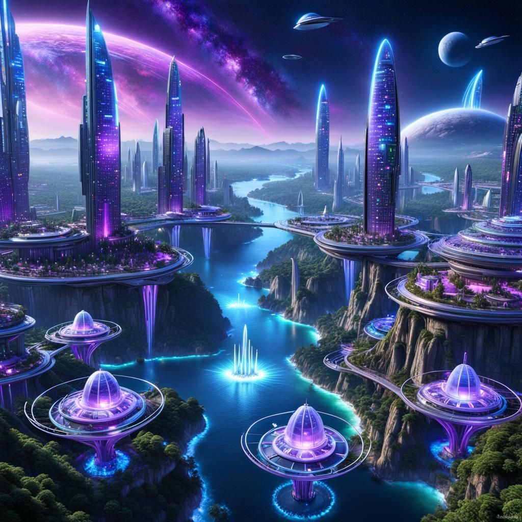 Futuristic Neon City with Flying Ships