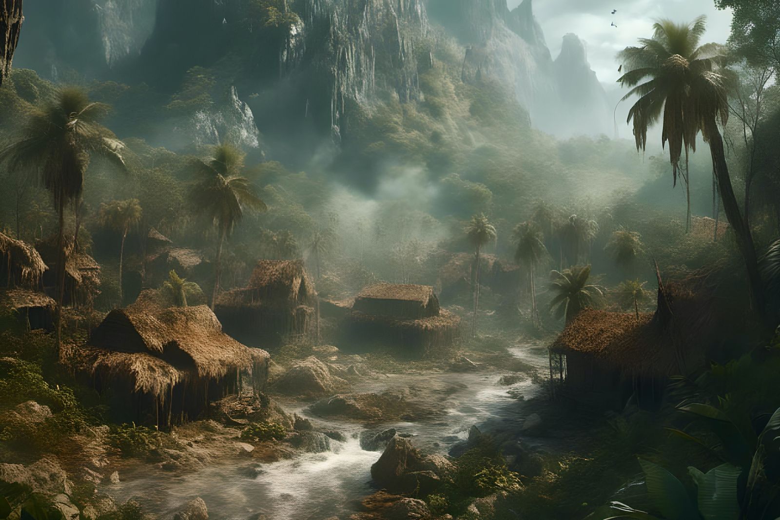 Jungle Village with Mountain Backdrop in Detailed Matte Pain...