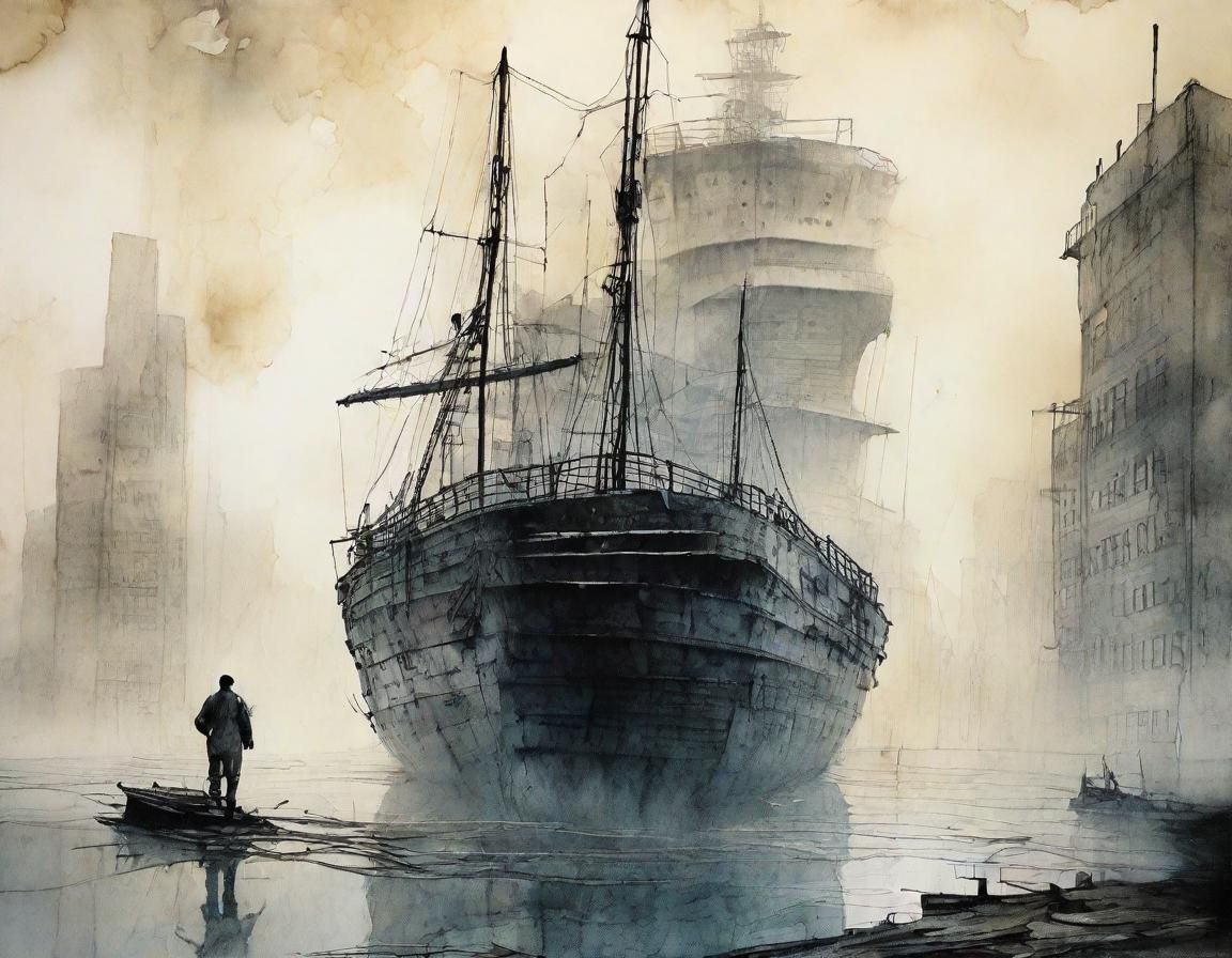 Ethereal Junk Ship on Crumbling Skyscraper in Surrealist Cit...