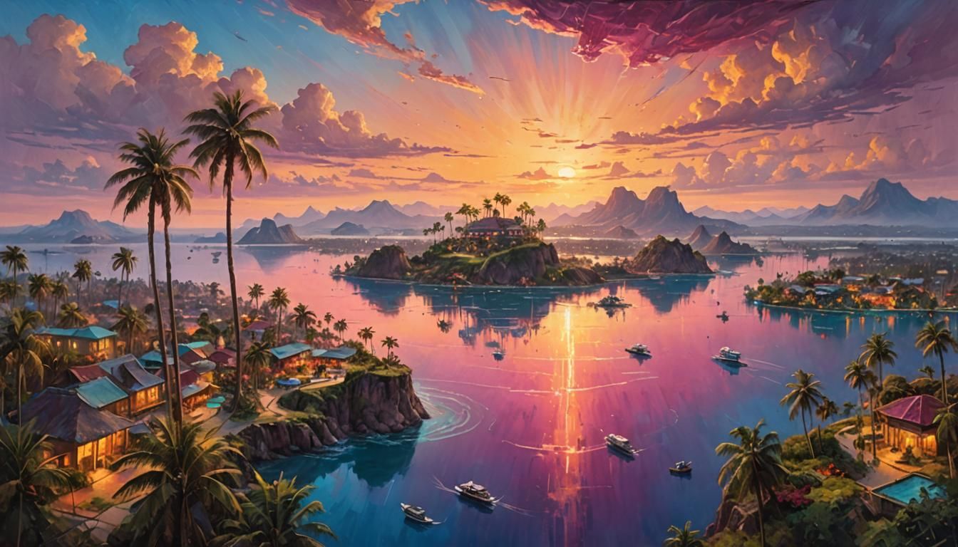 Floating Palm Islands at Sunset, James Gurney Style