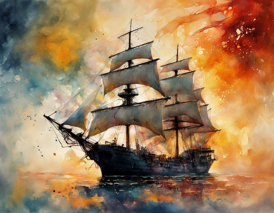 Ethereal Sailing Ship Masterpiece in Soft Golden Light