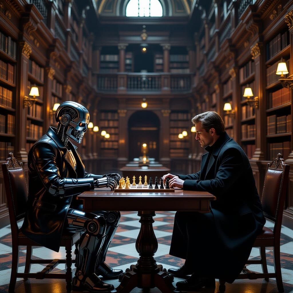 Terminator and Neo Play Chess in Vatican Library