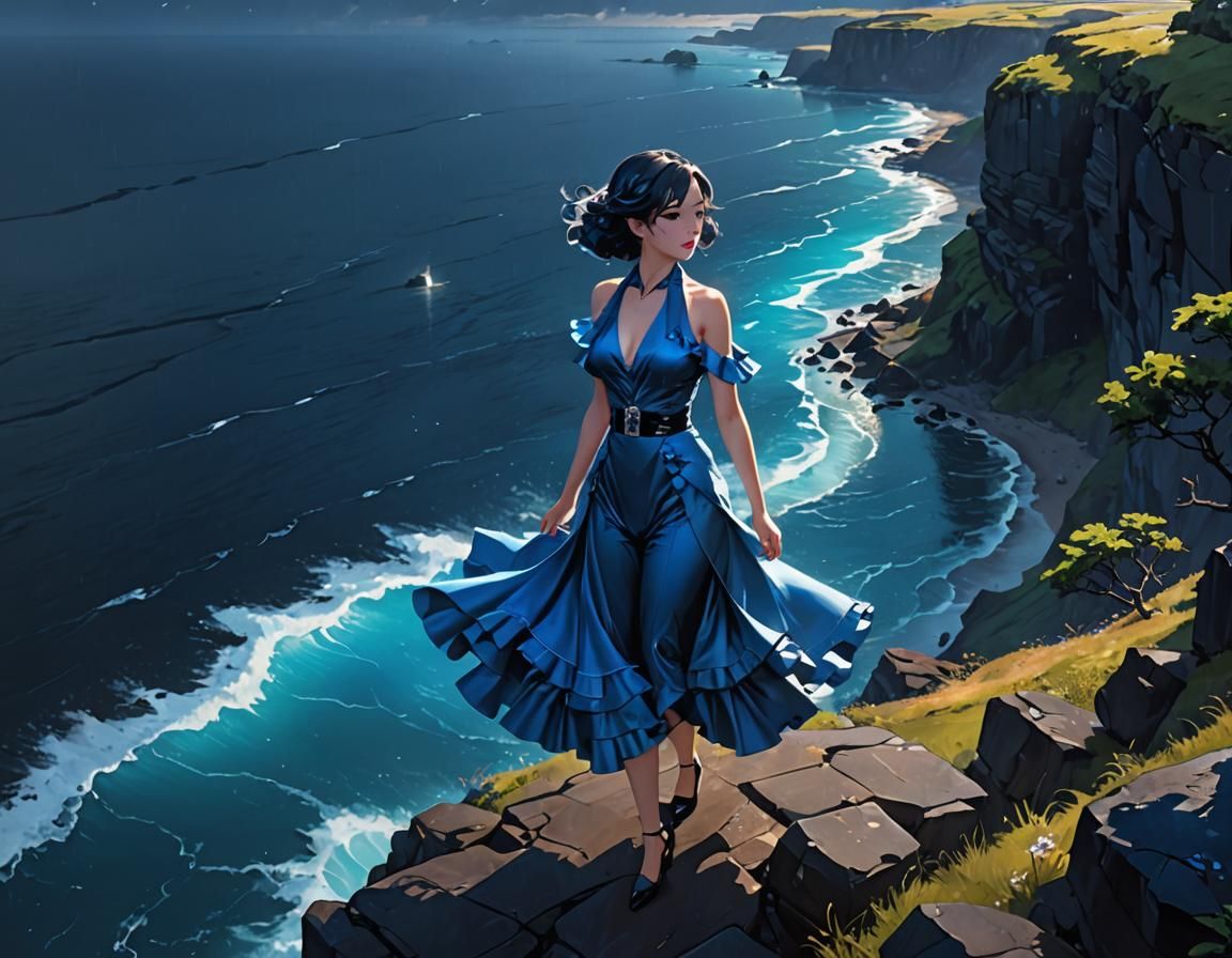 Wind and Rain: Blue Dress on a Cliff, Anime Art