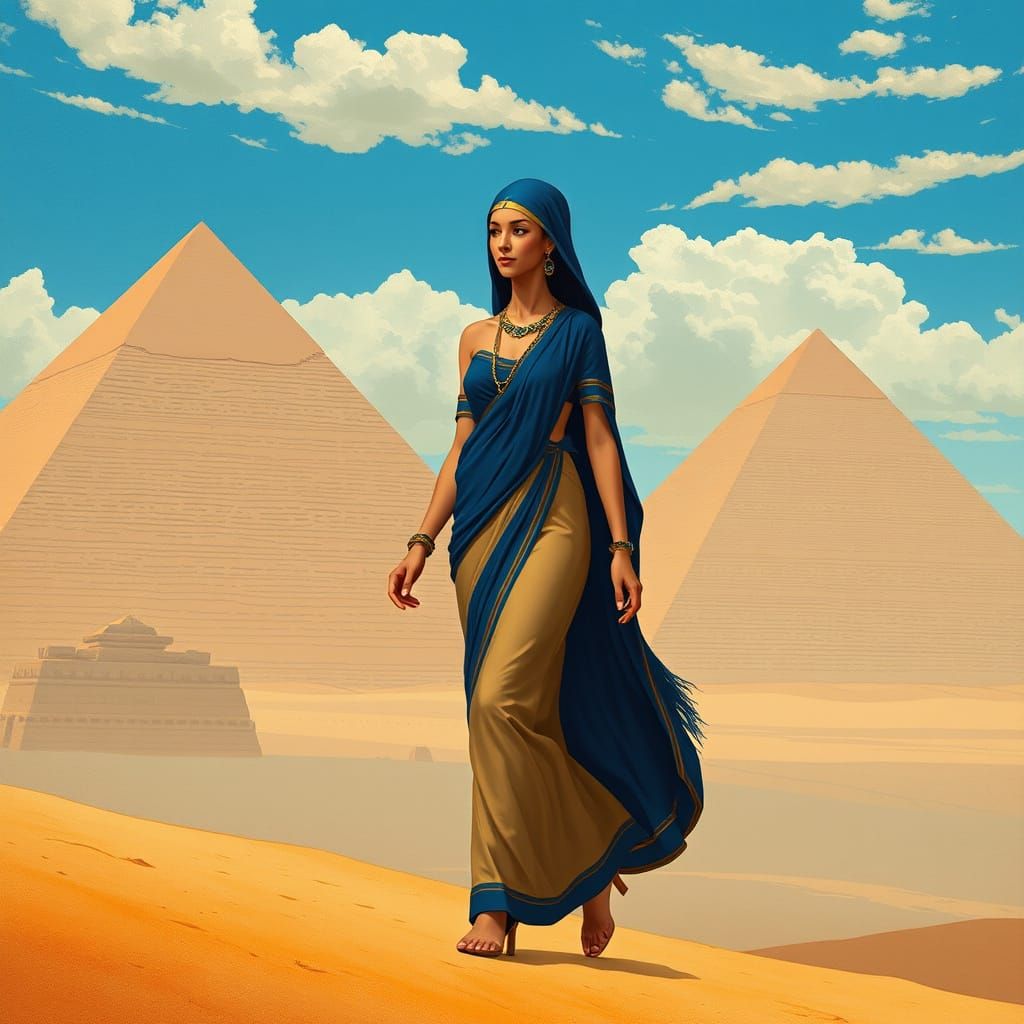 Elegant Egyptian Woman Walking Beside Pyramids in Art Nouvea...