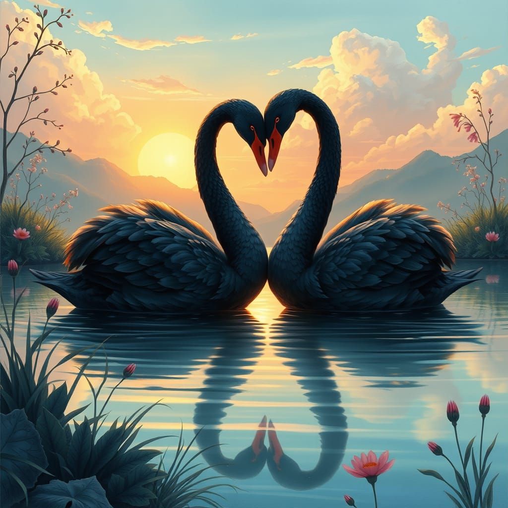 Black Swans Kiss on Fantasy Lake, Gouache Painting