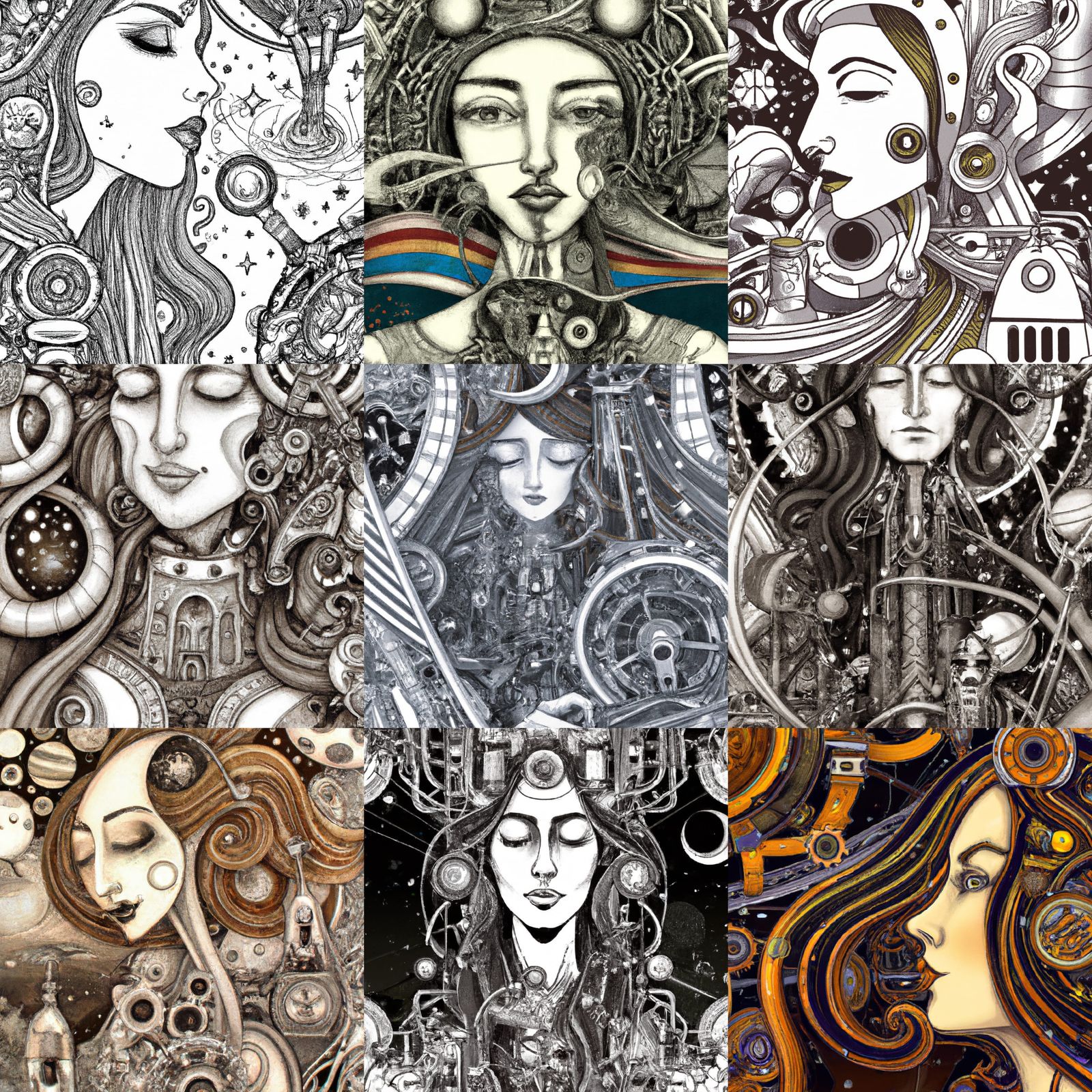 Nurtured by Silence in space tall woman beautiful face long hair weaves stars and planets art nouveau mystic surreal det...