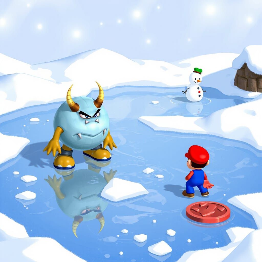 Super Mario faces the Ice Bully