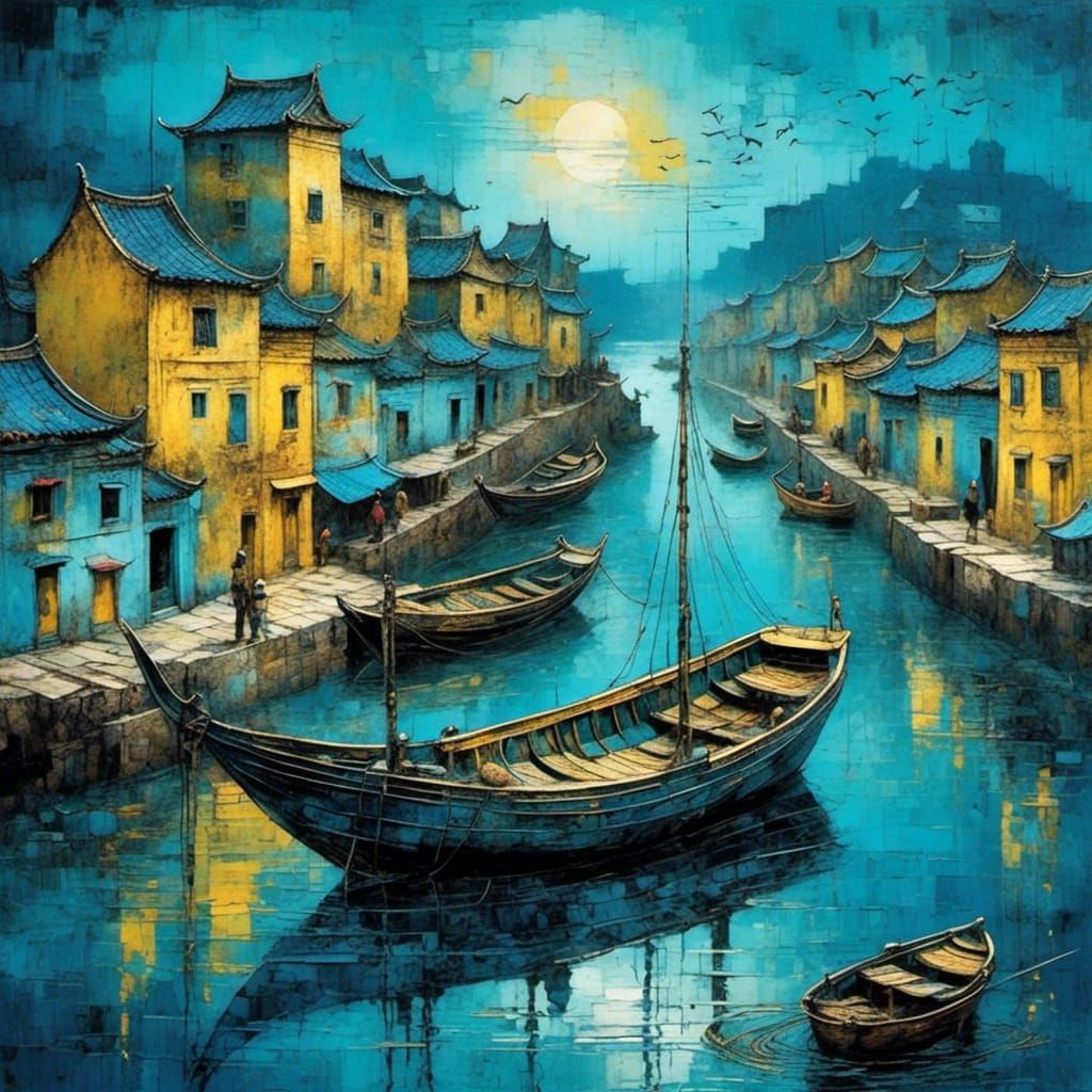 Vaporwave Fishing Boat in Harbor Town