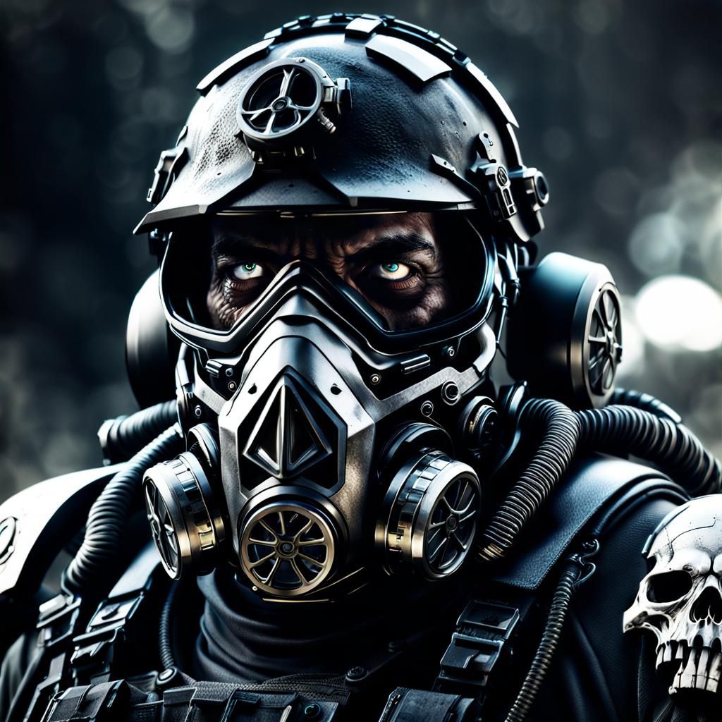 Futuristic Soldier with Skull Gas Mask in High-Tech Gear