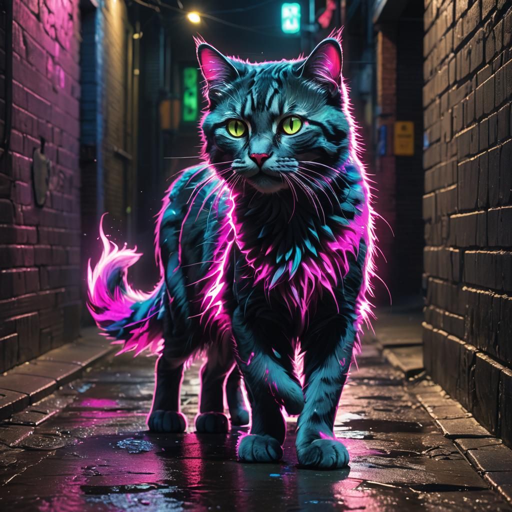 Neon Two-Tailed Cat in Dark Alleyway