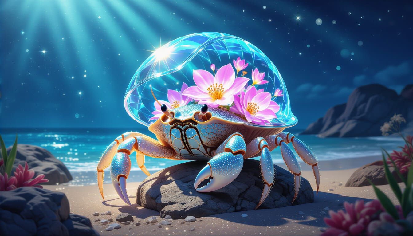 Bioluminescent Crab Shell Sapphire Sculpture in Digital Art