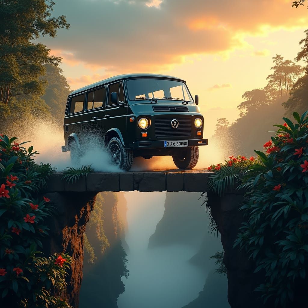 Black Van Soaring Over Karuma Falls in Digital Art