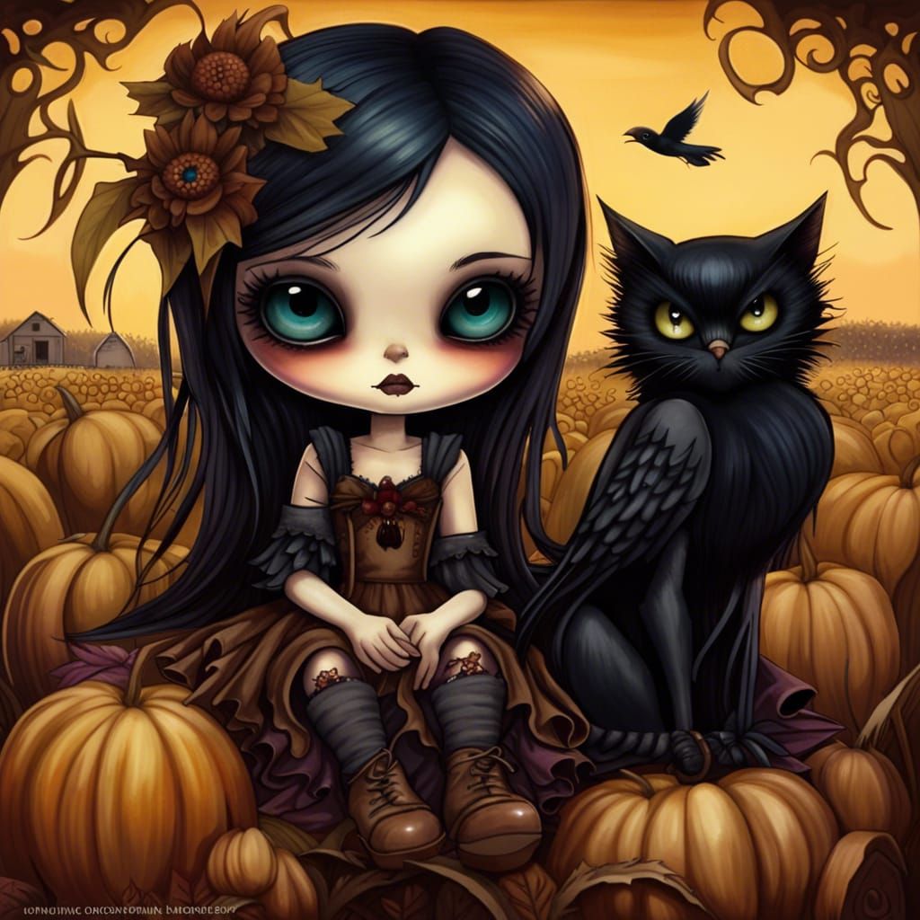 Crow-Winged Fairy Girl in Autumn Cornfield