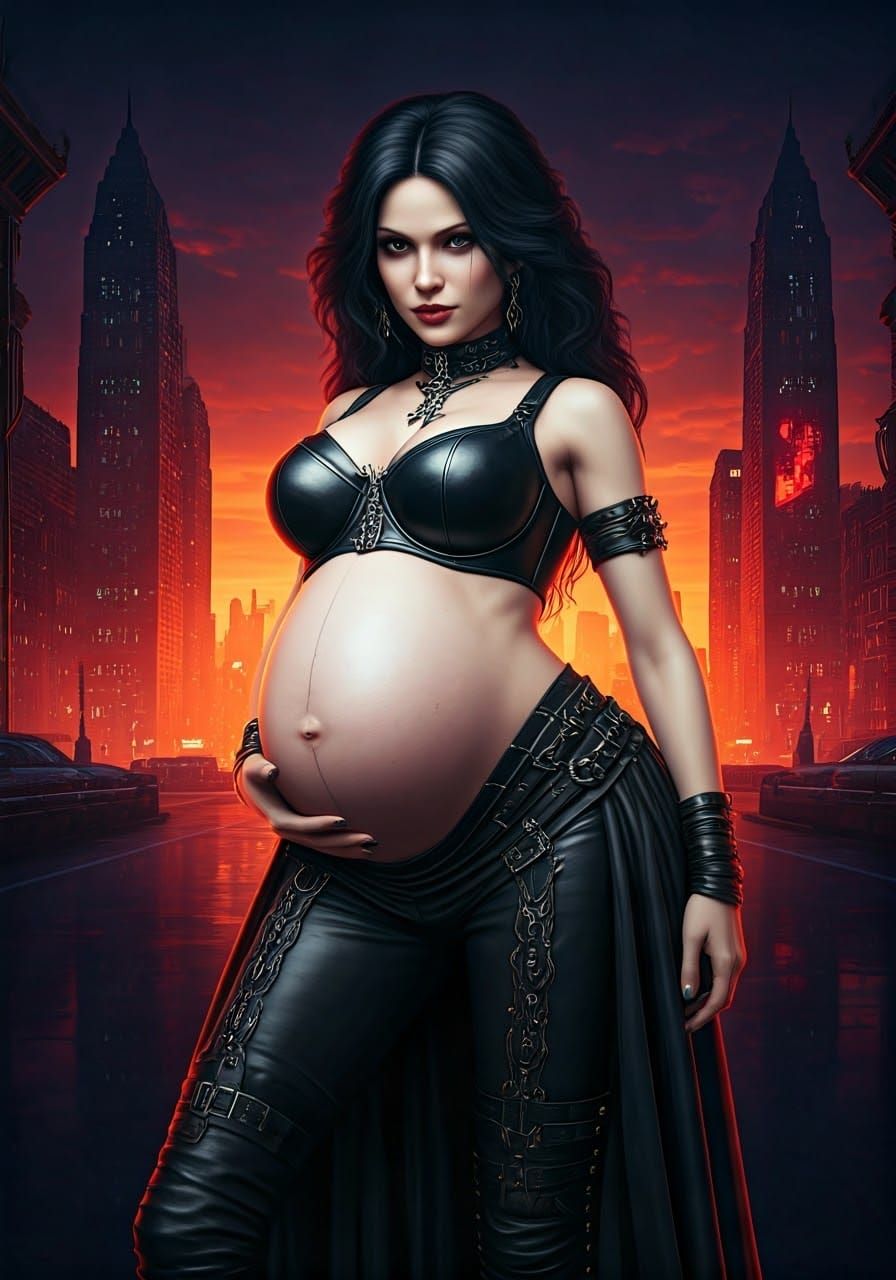 Pregnant Punk in Cyberpunk Cityscape
