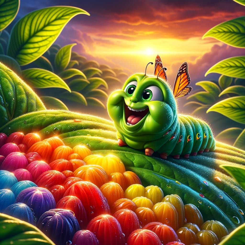 Excited Caterpillar's Rainbow Feast at Sunset