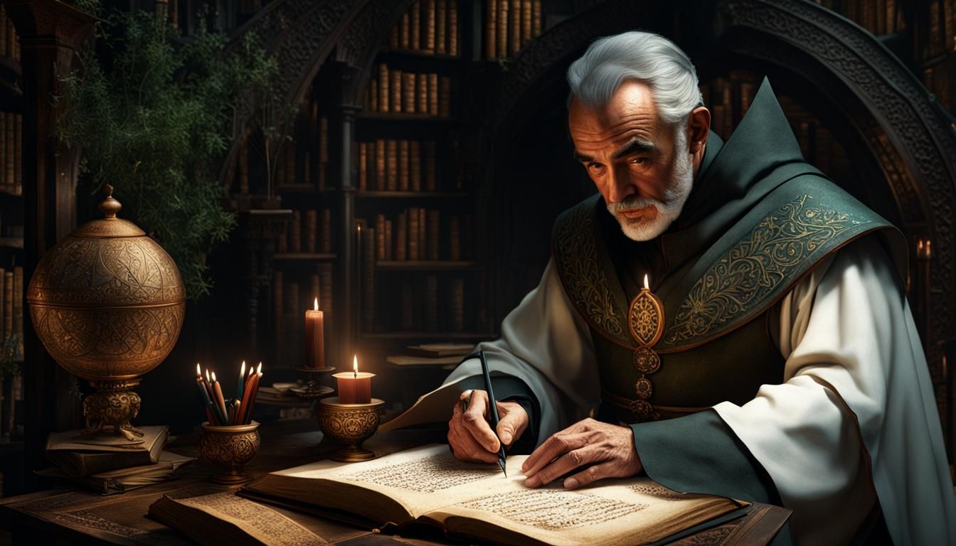 Sean Connery as a monk writing the Voynich Manuscript in a 15th century library