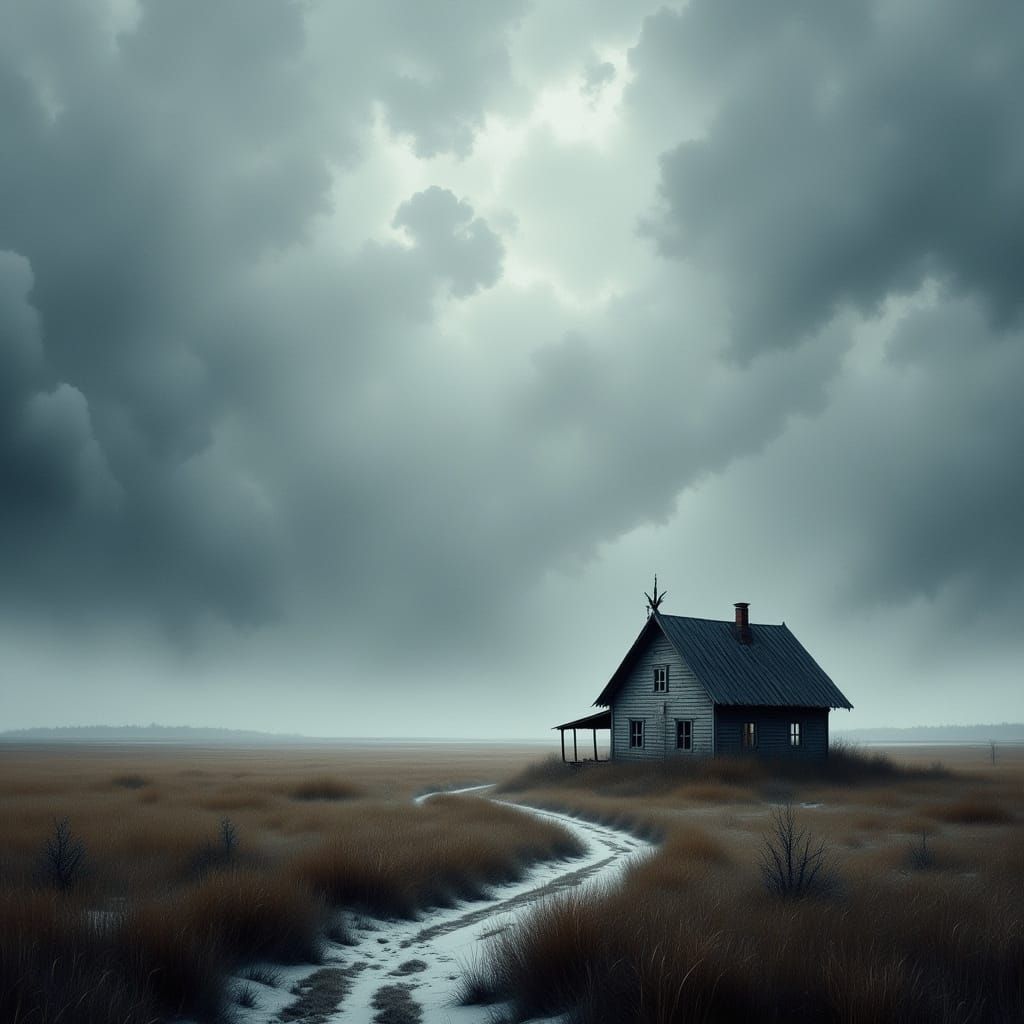 Foreboding Prairie House Under Threatening Sky