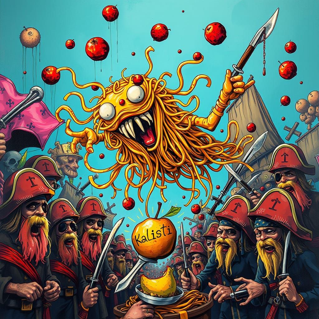 Flying Spaghetti Monster in Cartoon Realism Style