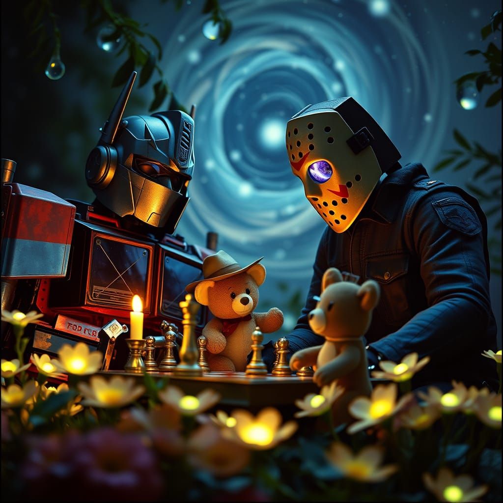 Cyberpunk Heroes Play Chess Amidst Cosmic Vastness