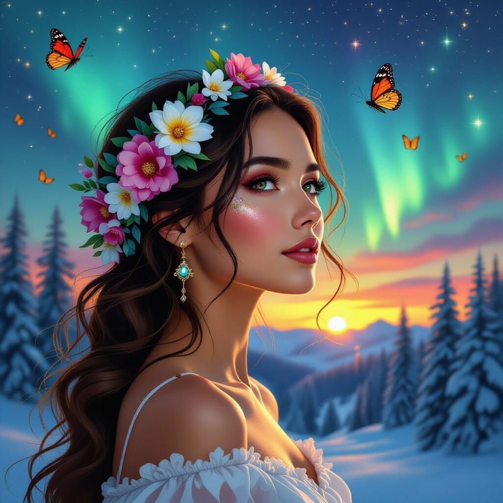 Ethereal Woman with Floral Hair and Butterflies
