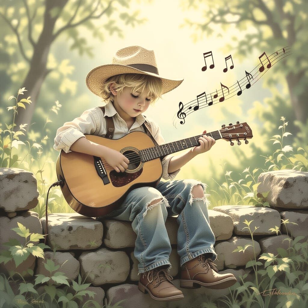 Sad Boy Plays Guitar on Stone Fence