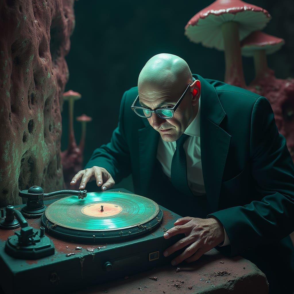 Bureaucrat Vampire Contemplates Wrecked Record Player in Gro...