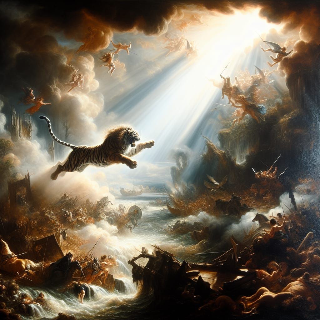 Tiger in Tenebrism Oil Painting Charging into Fantasy Battle