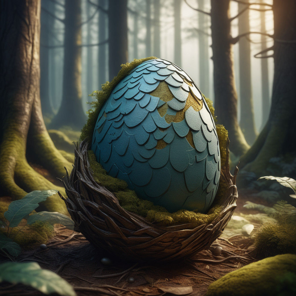 Surreal Earth Dragon Egg in a Mountain Nest Scene