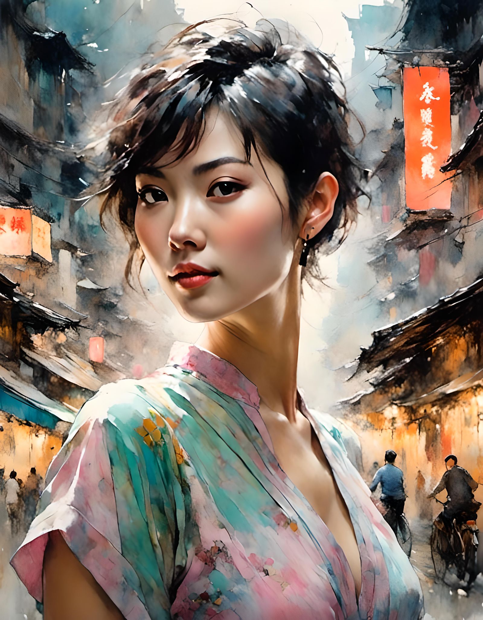 Pastel Qipao Woman in Asian Street Scene