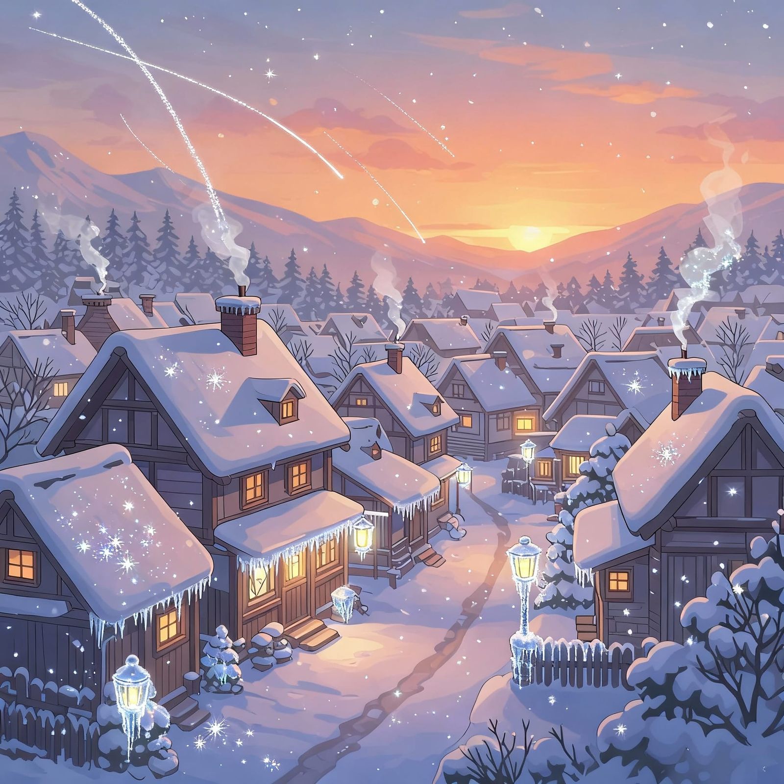 Anime Winter Village at Sunset