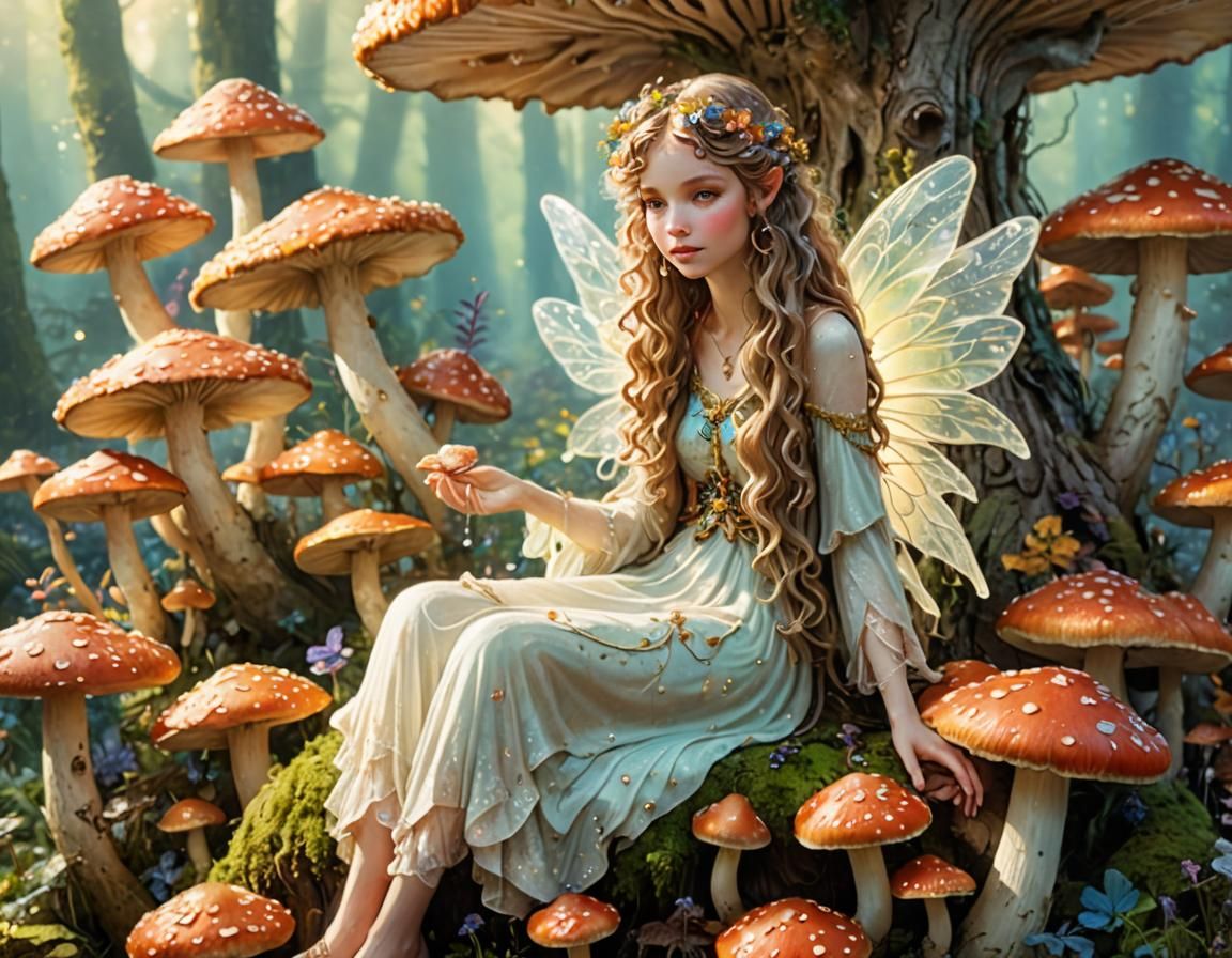 Dreamy Fairy on Mushrooms in Art Nouveau Style
