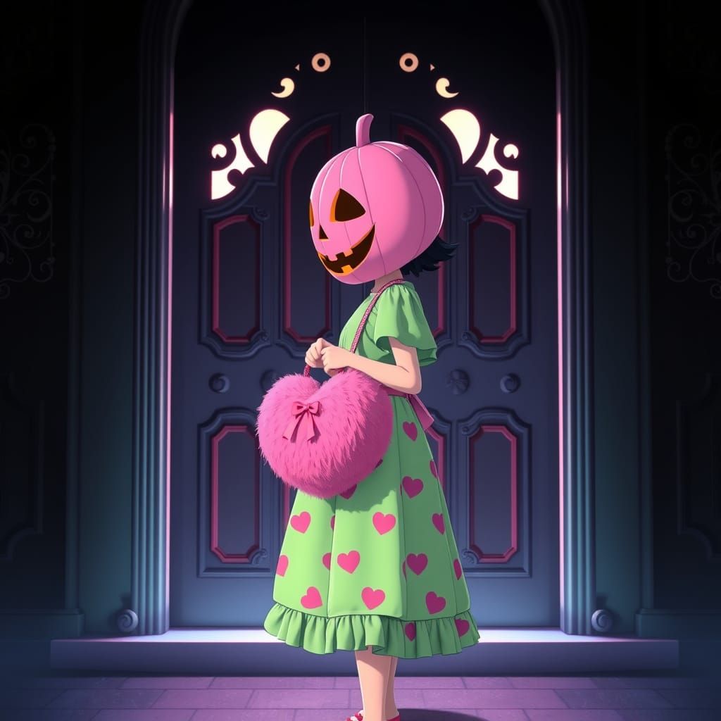 Anime Girl in Neon Dress at Creepy Door